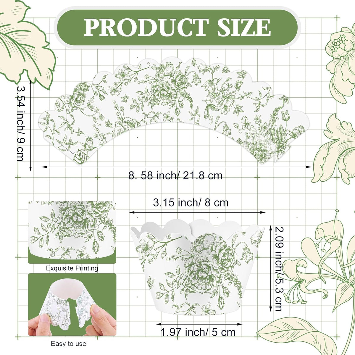 Domensi 100 Pcs Cupcake Wrappers Rustic Cupcake Liners Baking Cups Baking Liners for Wedding Bridal Baby Shower Birthday Party Supplies Dessert Decoration(Green, Floral)