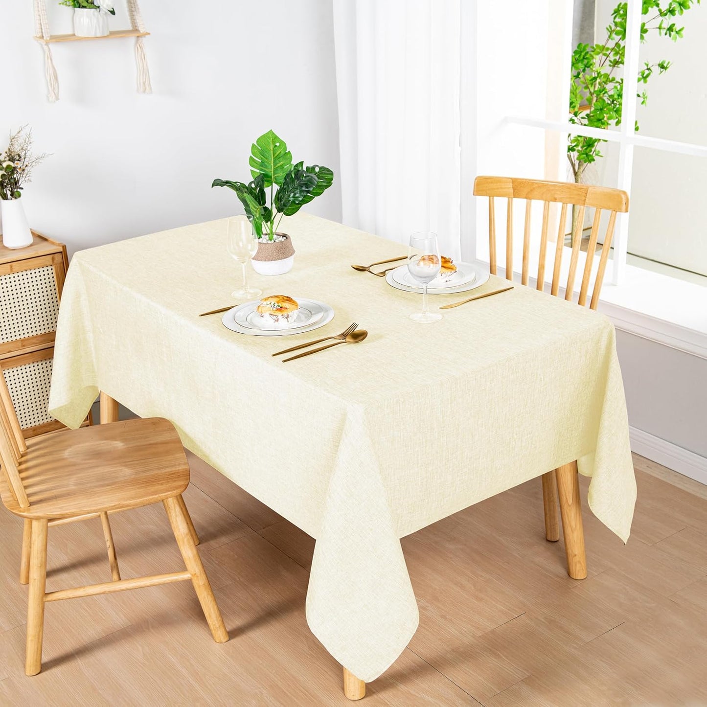 Hiasan 2 Pack Faux Linen Rectangle Tablecloth - Wrinkle and Stain Resistant Washable Table Cloth for Kitchen Dining Room Holiday Table Cover for Party Dinner, Champagne, 60 x 84 Inch