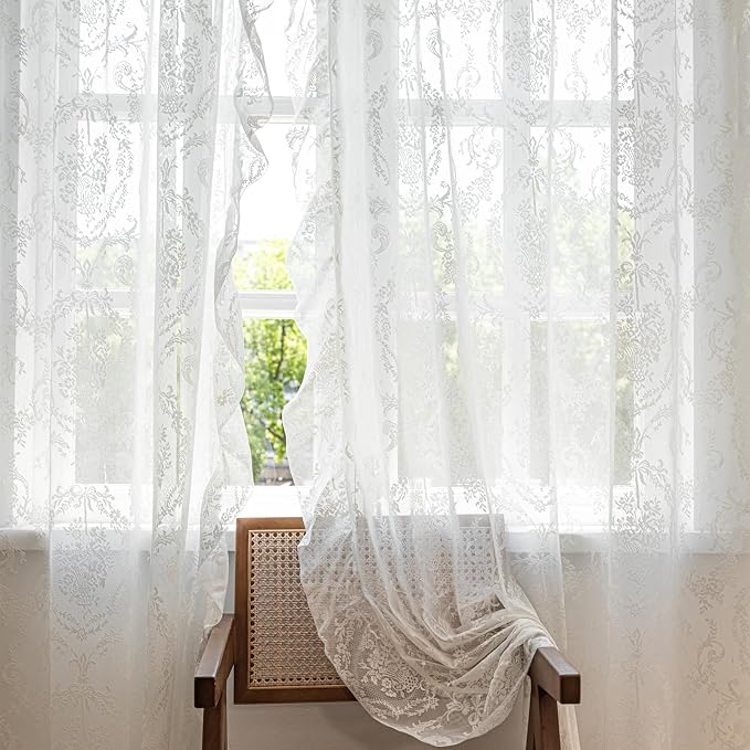 Deeprove Ivory Lace Boho Sheer Curtains Cottage 2 Panels 96 inches Long - Image 8