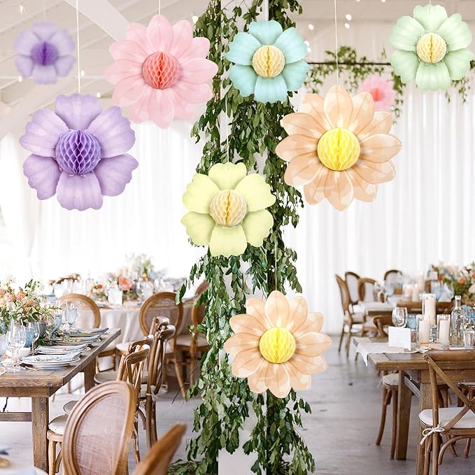 SUNBEAUTY 9 PCS Pastel Flower Party Decorations Flowers Honeycomb Fairy - Image 8