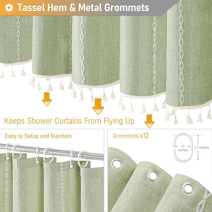 72x78 Long Boho Farmhouse Linen Heavy Duty Shower Curtain, Sage Green | Tall - Image 5