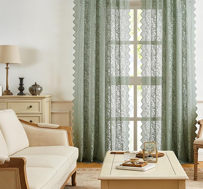 Bujasso Sage Green Lace Sheer Curtains 84 inch Length - Image 5