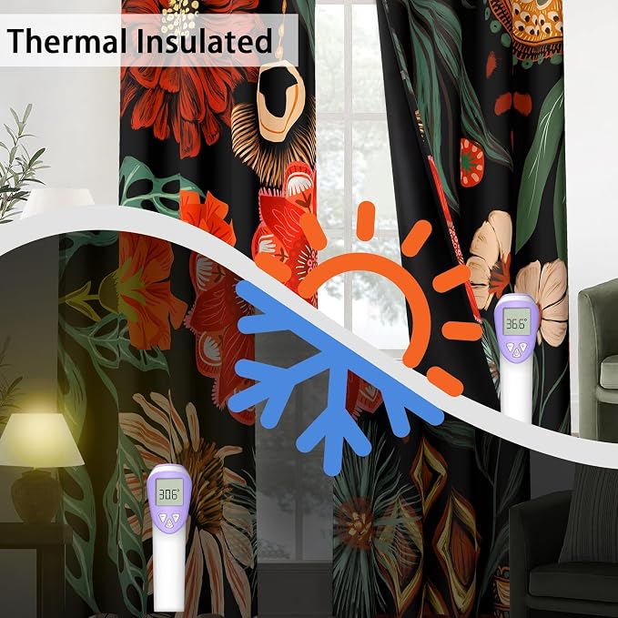 Tyrot Black Boho Floral 100% Blackout Curtains - Image 3