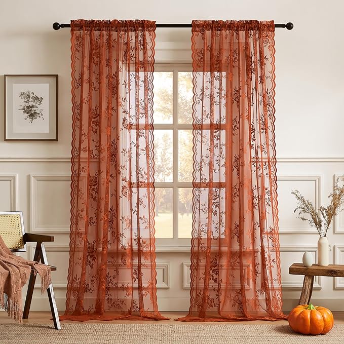 Terracotta Lace Curtains 90 Inches Long Rust Country Floral Sheer Curtains by SEEKRIGHTHomeDecor