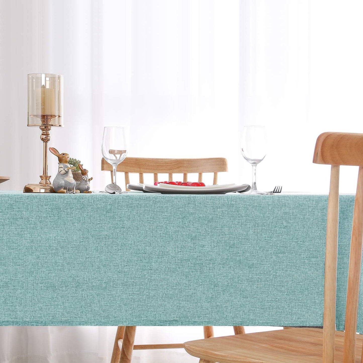 Hiasan Faux Linen Rectangle Tablecloth - Wrinkle and Stain Resistant Washable Table Cloth for Kitchen Dining Room Holiday Table Cover for Dinner, Aqua, 60 x 140 Inch