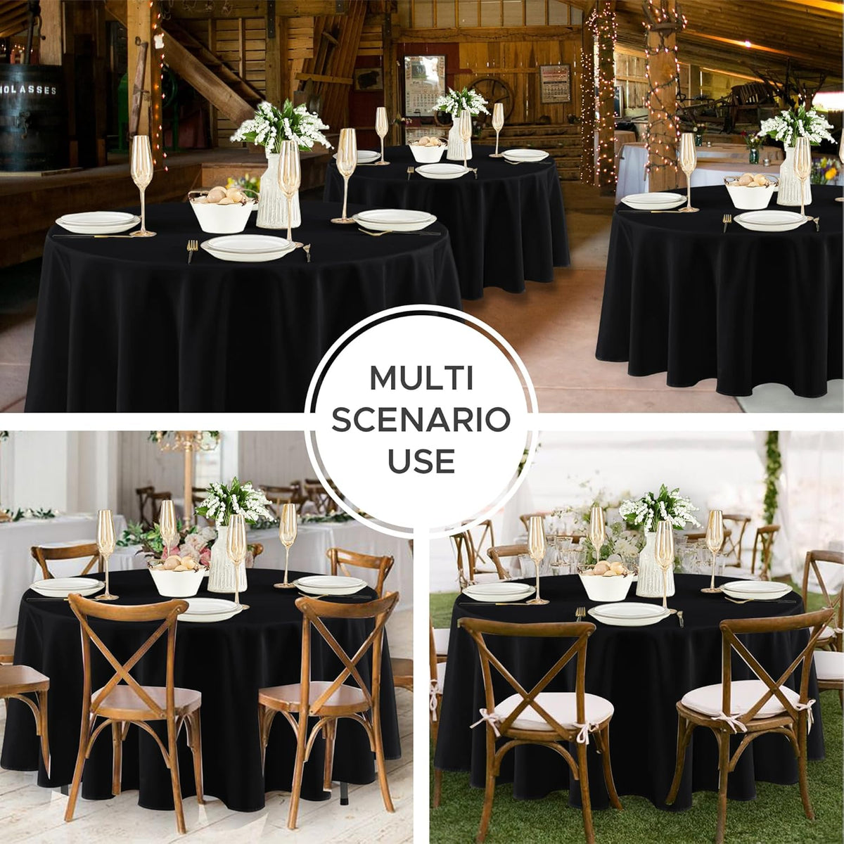 Fitable 8 Pack Round Tablecloths: Stain Resistant Wrinkle Free Circle Table Clothes, Washable Reusable Polyester Table Covers for Wedding Party Birthday Banquet Reception(Black, 84 Inch)