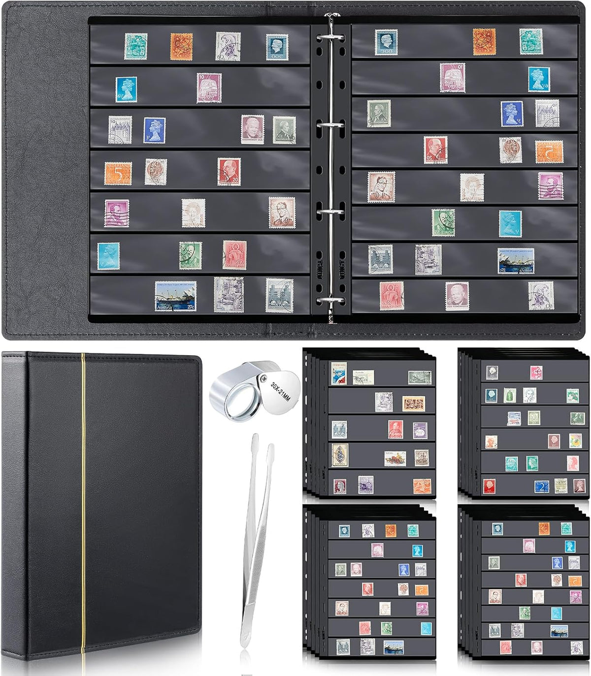Lewtemi Stamp Collecting Albums Set Stamp Collection Book Include 20 Pages Album Binder Tweezer and Loop Magnifier Collecting Supplies for Collectors (Black,5/6/7/8 Rows)