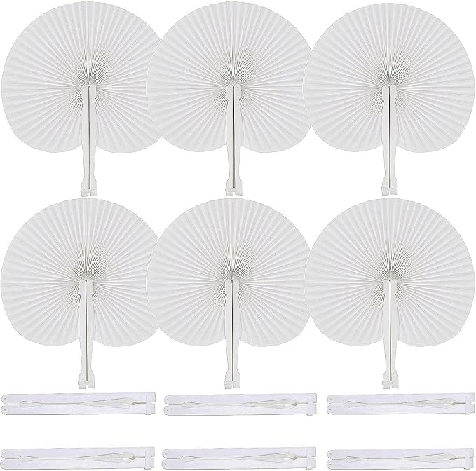 12 Pcs White Round Paper Fans | Foldable Handheld Fans by Bestage
