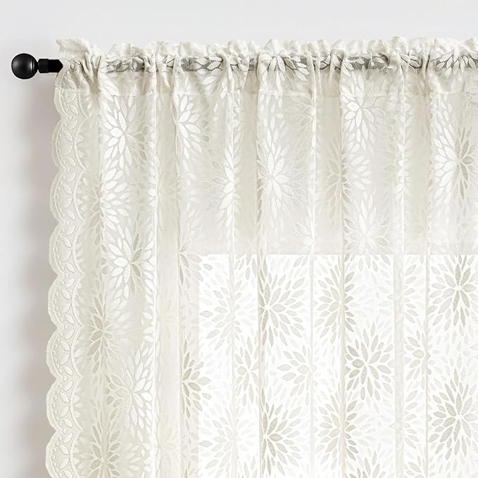 MIULEE Vintage Floral Scalloped Lace Curtains 2 Panels, Ivory 52" W x 36" L | - Image 6