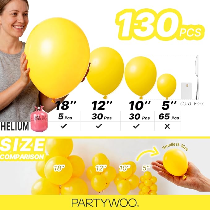 PartyWoo Yellow Balloons 130pcs Matte Yellow Color 18 12 10 5 Inch | 18 12 10 5 - Image 6