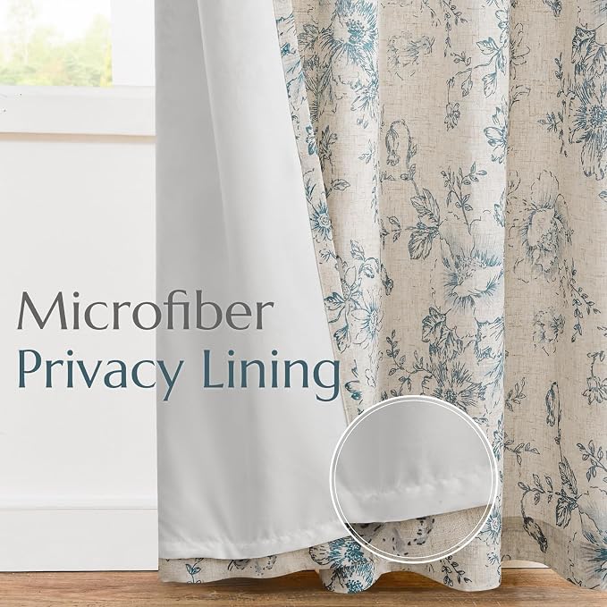 jinchan Blue Floral Linen Curtains Lined 96 Inch Vintage Back Tab 2 Panels | - Image 5
