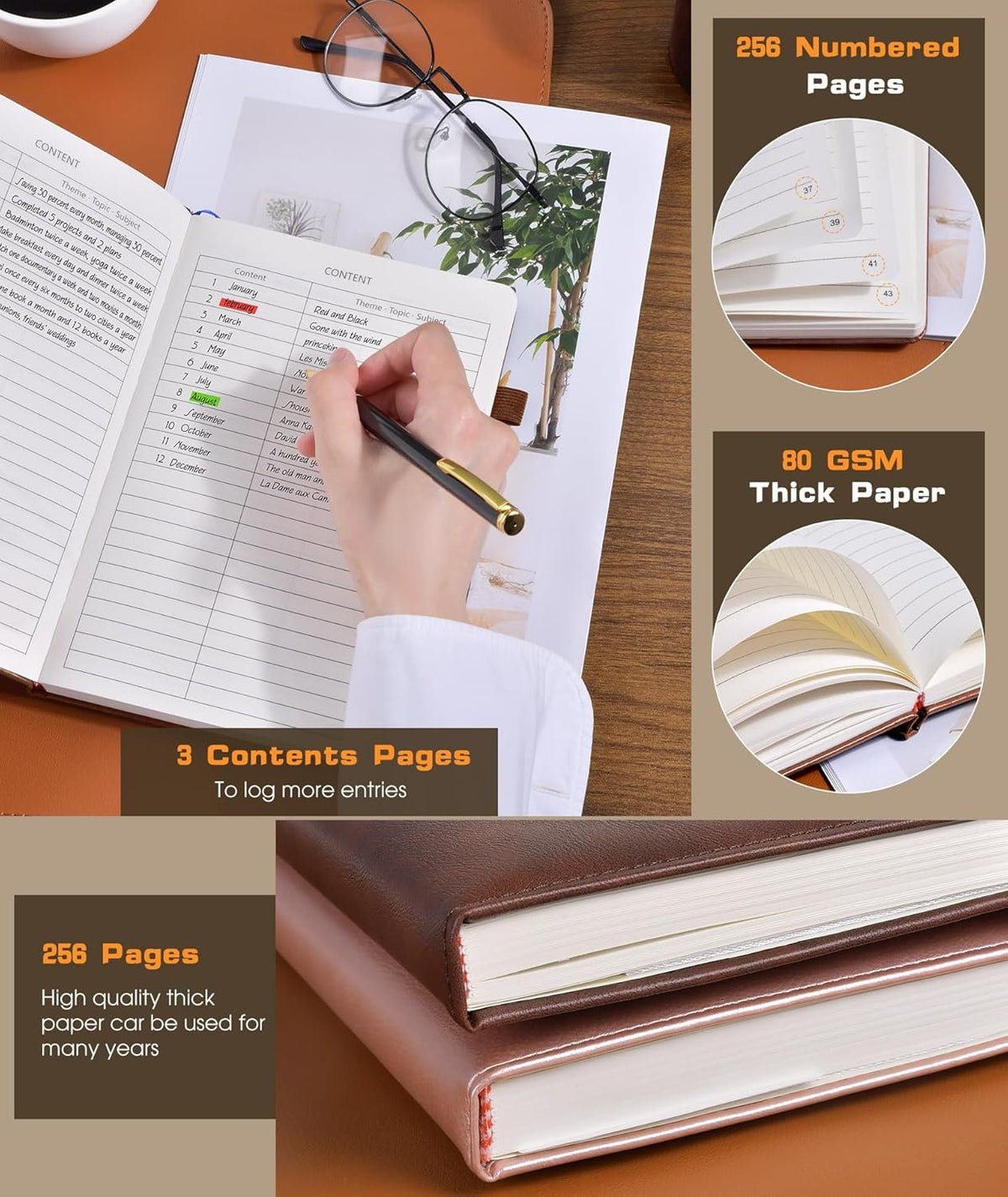 Lined Journal Notebook for Women Men, 256 Numbered Pages Hardcover Leather Journals for Writing, A5 Journaling Notebooks, College Ruled Journal for Business Work School Note Taking 5.75" x 8.38" Brown