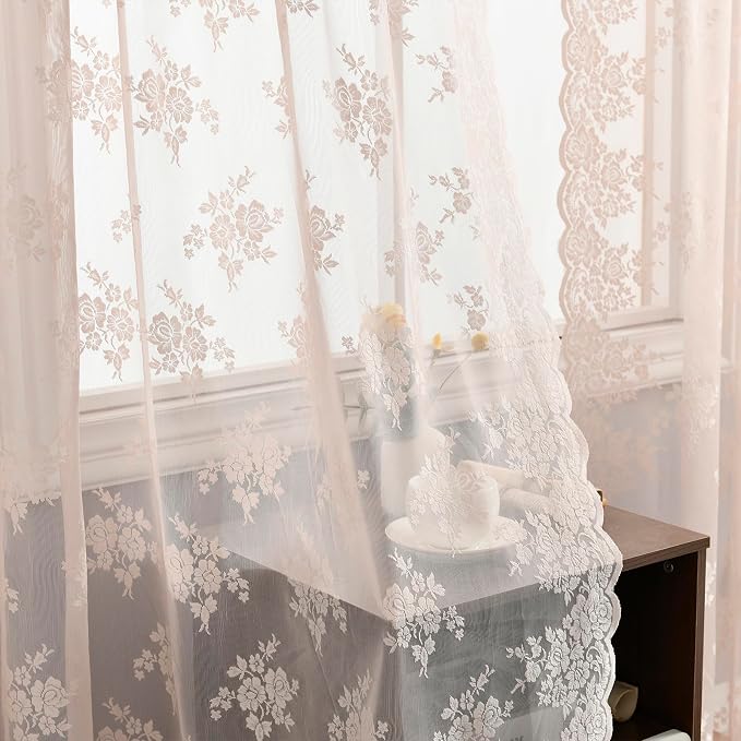 Kotile Blush Pink Floral Lace Curtains - Image 5