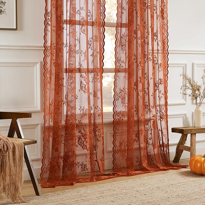 Terracotta Lace Curtains 90 Inches Long Rust Country Floral Sheer Curtains - Image 2