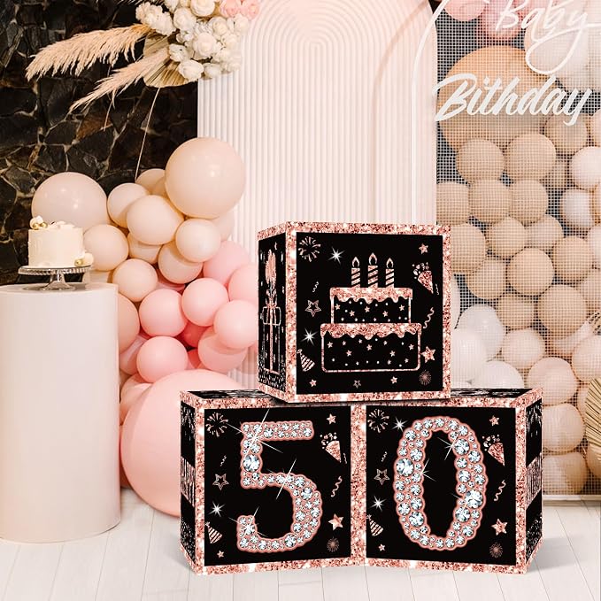 Eiurteao 3pcs Rose Gold 50th Birthday Decorations Boxes - Image 3