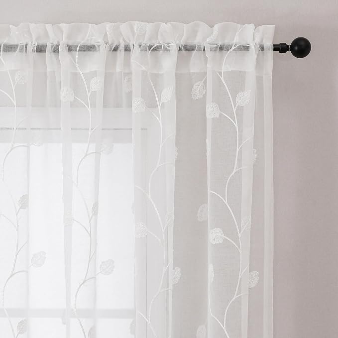 White Sheer Curtains Decorative Embroidered Leaf 54 Inches Long | Light - Image 4