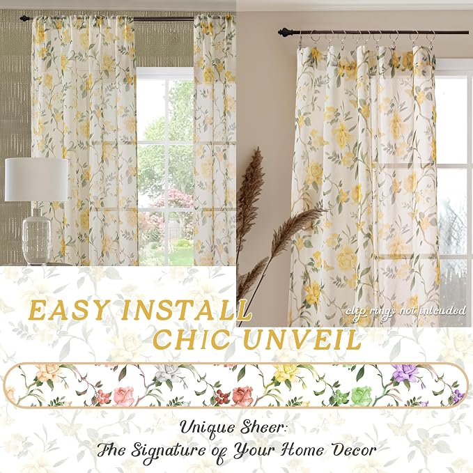 Kitchen Curtains 24 Inch Length 2 Panels, Floral Patterned Semi Sheer Light - Image 7