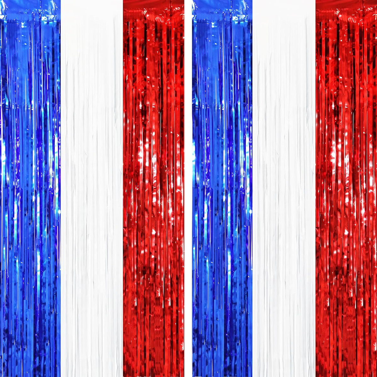 2 Pack Red White and Blue Tinsel Foil Fringe Curtains, 4th of July Decorations, Metallic Tinsel Party Streamers Backdrop for Patriotic, Memorial Day, Independence Day Party Decorations