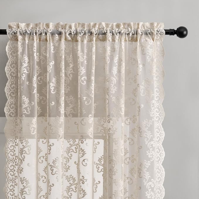 FOLKSIDE Khaki Lace Curtains 84 Inches Long 2 Panels Neutral Paisley Floral - Image 3