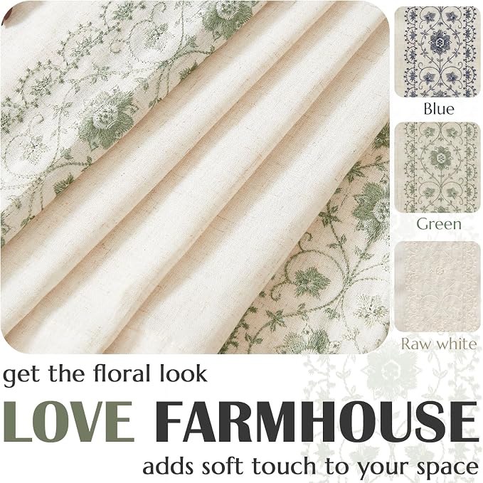 jinchan Green Floral Embroidered Linen Kitchen Curtains 54×45 Inch 2 Panels | - Image 7