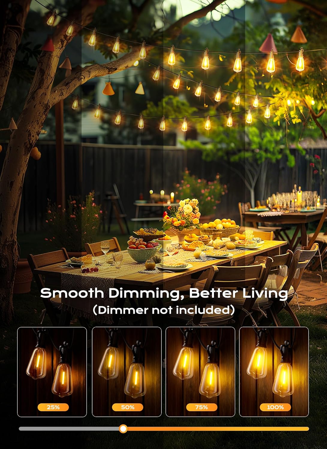 Brightown Outdoor String Lights, 200FT 64+2 LED ST38 LED Patio Lights Shatterproof, Dimmable IP65 Waterproof Connectable Hanging Outdoor Light for Backyard, Porch, Deck, Balcony