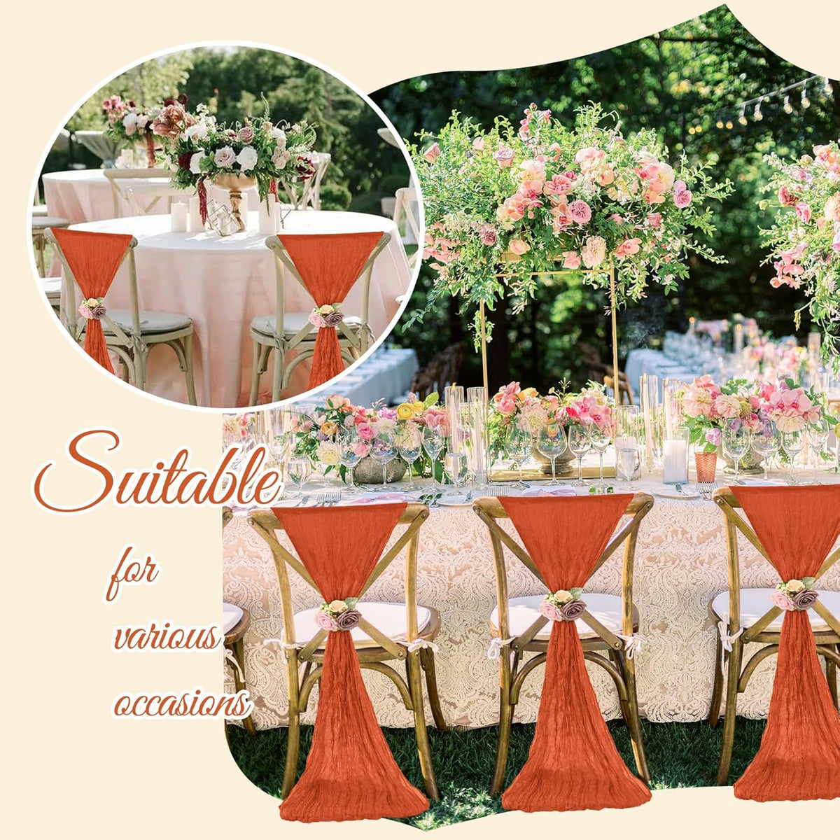 36 Pcs Burnt Orange Cheesecloth Chair Sashes, 16 x 108 inch Gauze Fabric Washable Chair Sashes Bows Designed for Aisle Decorations Universal Chair Cover Decor for Wedding Reception Party Banquet
