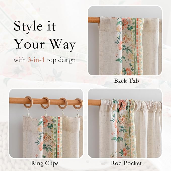 MYSKY HOME Boho Floral Curtains Semi Sheer Linen Blend Curtain 84 Inches Long - Image 3