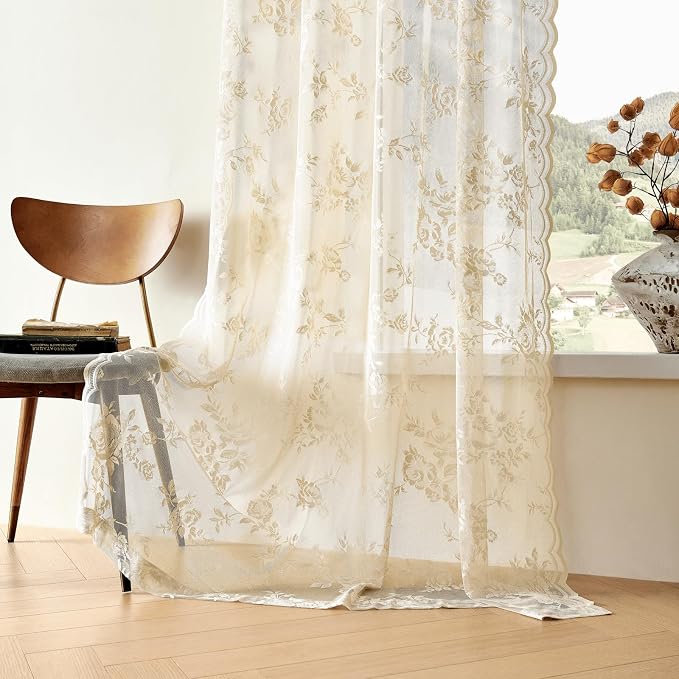 SEEKRIGHT Beige Lace Curtains 80 Inches Long Victorian Floral Lace Curtains - Image 6