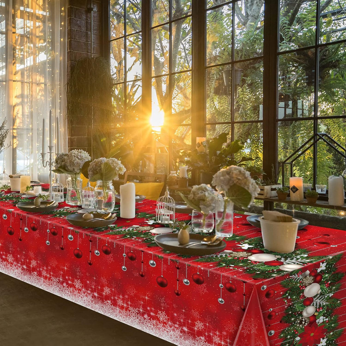 12Pieces Merry Christmas Tablecloth Plastic Christmas Tree Ball Table Cover Rectangle Winter Snowflake Tablecloth for Merry Christmas Holiday New Year Eve Party Decorations Supplies,54x108inch
