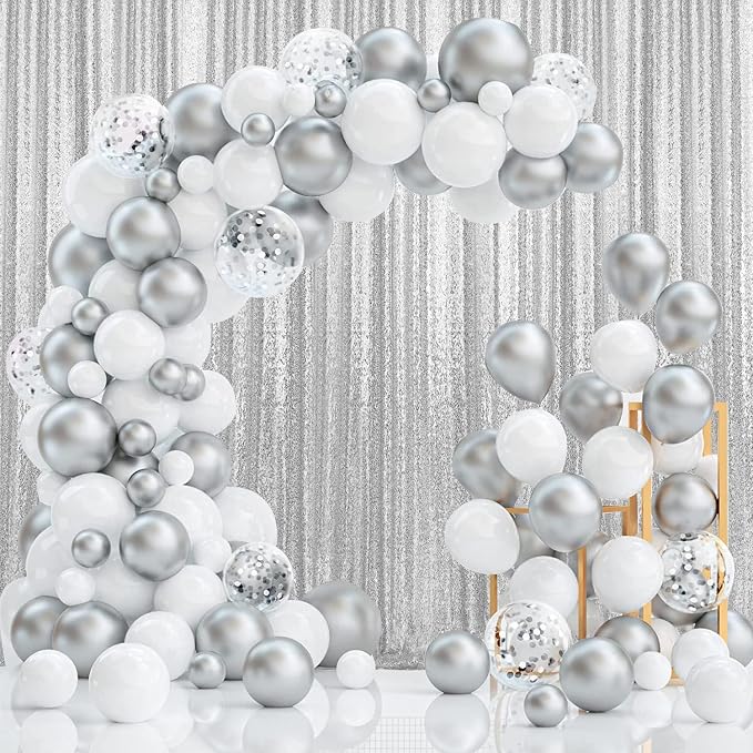 2×8FT-6PCS Silver Sequin Backdrop Curtains Panels, Photography Backdrop Glitter - Image 2