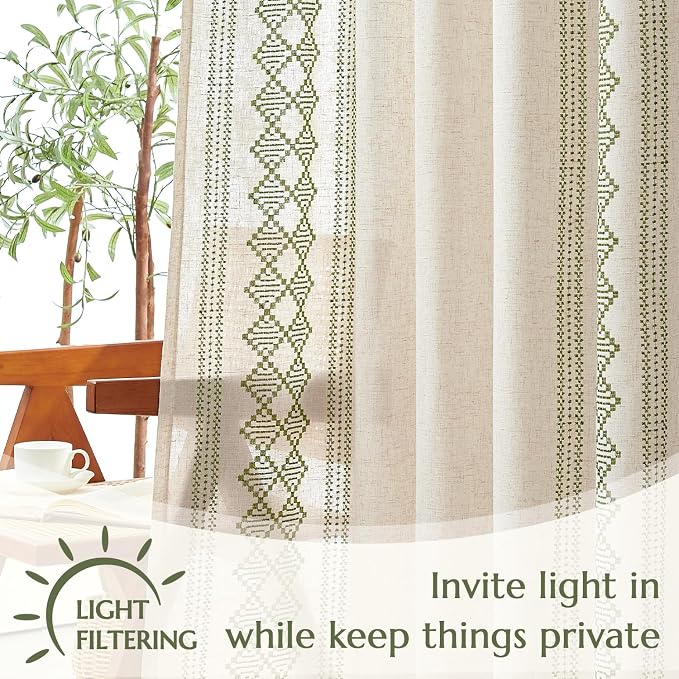 jinchan Floral Linen Curtains Embroidered Back Tab 50x84in 2 Panels Green | - Image 5