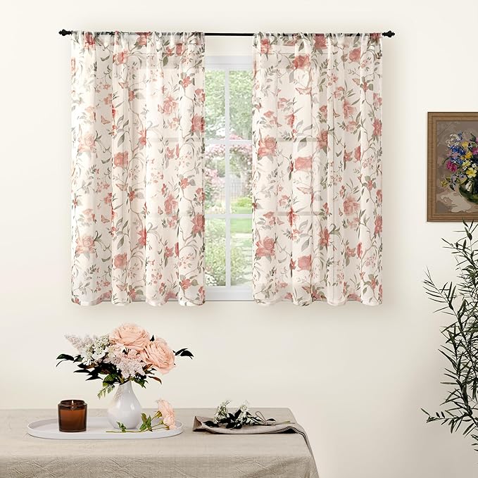 Sheer Curtains 45 Inch Length 2 Panels Set, Floral Patterned Linen Look by Lajode