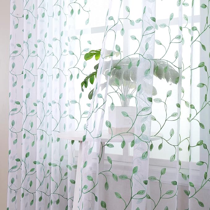 Tollpiz Leaves Sheer Tier Curtain Green Leaf Embroidery Kitchen Half Curtains - Image 2