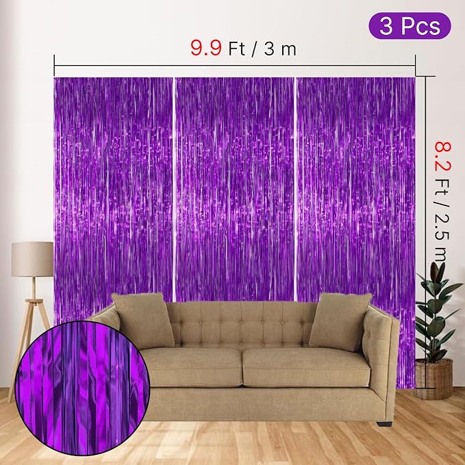 PartyWoo Purple Metallic Tinsel Streamers 8.2FT 3pcs Foil Fringe Curtain | - Image 4