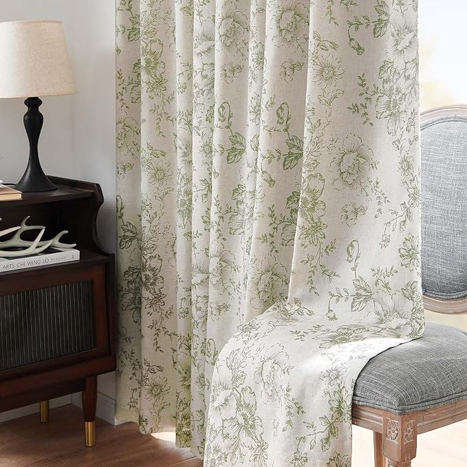 jinchan Green Floral Linen Blackout Curtains 84 Inch Back Tab 2 Panels | - Image 8