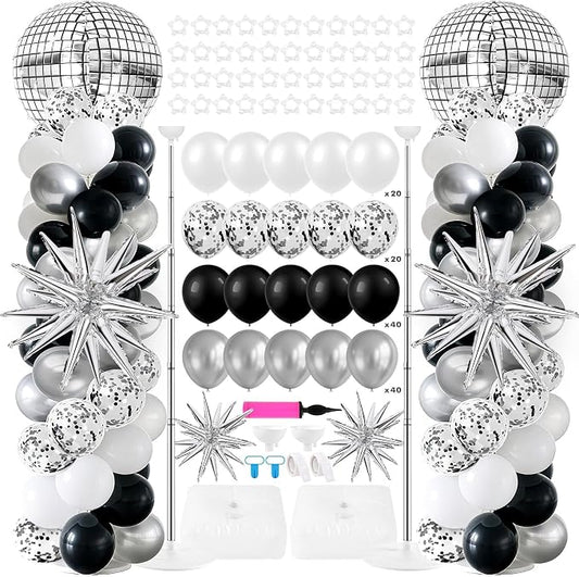 2 Sets Disco Balloon Column Stand Kits Adjustable Black and Silver Balloons by Unknown
