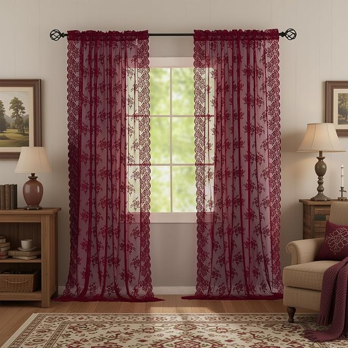 Kotile Burgundy Lace Curtains for Living Room Floral 52 x 80 Inch 2 Panels | by Kotile+Curtains