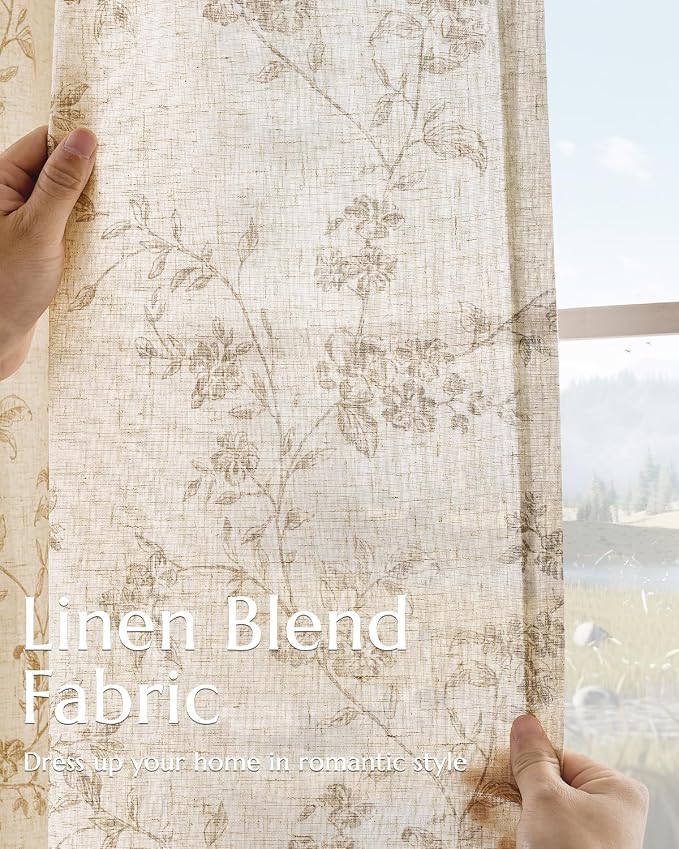 jinchan Taupe Floral Linen Curtains 63 Inch Farmhouse Back Tab 2 Panels | - Image 3