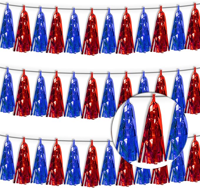3P Blue Red Tassel Banner Garland Metallic Foil Fringe Banner Tinsel Tassels by FENGNIAN