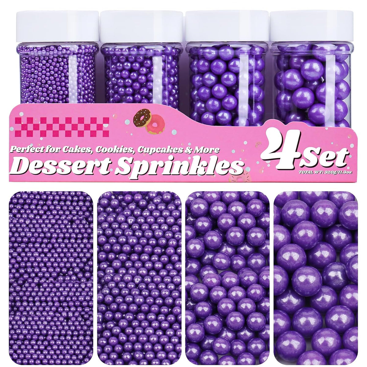 Purple Pearl Sprinkles for Cake Decorating, 11.3 Oz Edible Pearls Sugar 4 Sizes Gift Box Set for Baking Cookie Ice Cream Cupcake Toppings