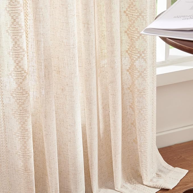 jinchan Floral Linen Curtains Embroidered Back Tab 50x84in 2 Panels Ivory | - Image 7