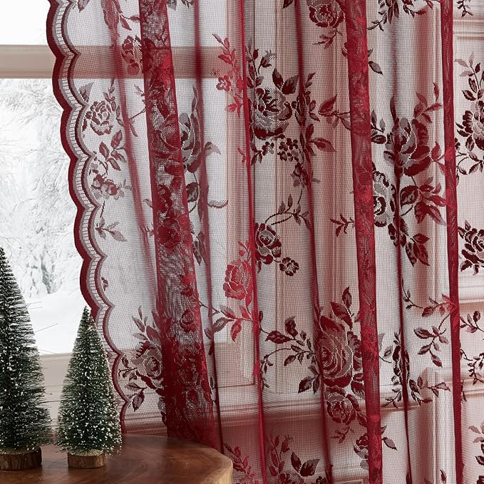 Maroon Lace Curtains 72 Inch Length Modern Floral Curtains 2 Panels set by SEEKRIGHTHomeDecor