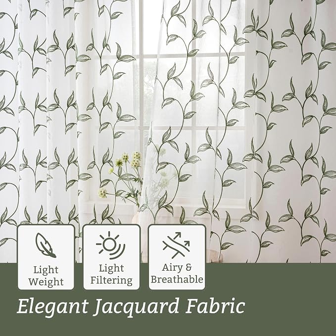 Sheer Curtains Boho Leaf Floral Embroidered Green 54Wx102L | Light Filtering - Image 5