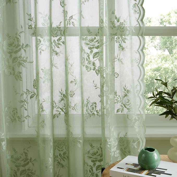 Sage Green Lace Curtains 63 Inch Length 2 Panels Set Country Rustic Floral Lace - Image 5