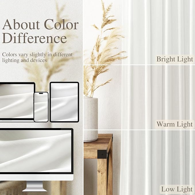 Off White Large Window Curtains Light Filtering Semi Sheer Privacy Linen - Image 3
