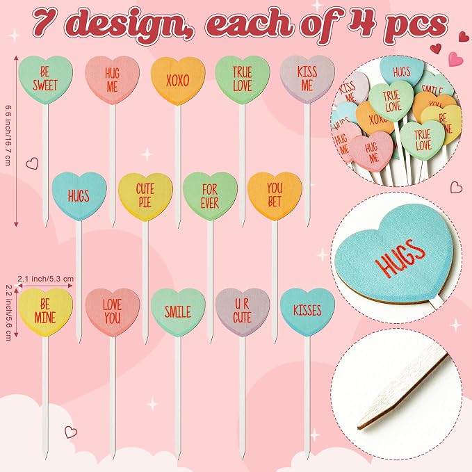 TICIAGA 28PCS Valentine’s Day Decorative Picks Cute Double-Sided Wooden Heart - Image 2