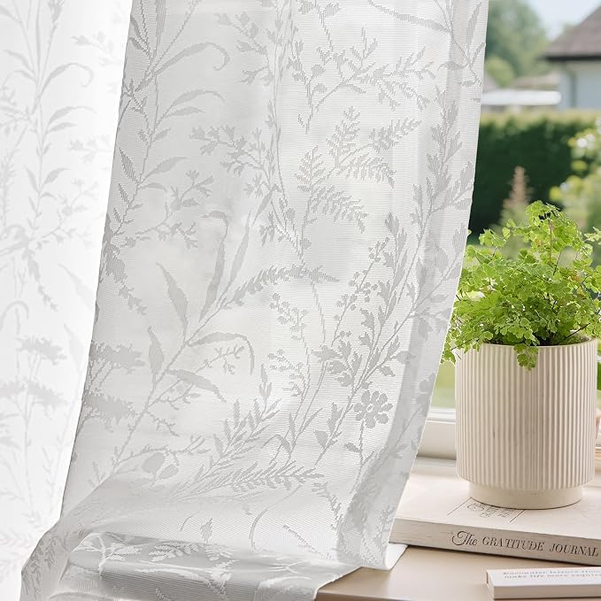 Anmao White Semi Sheer Light Filtering Extra Long Curtains 2 Panels, Leaf by Anmao