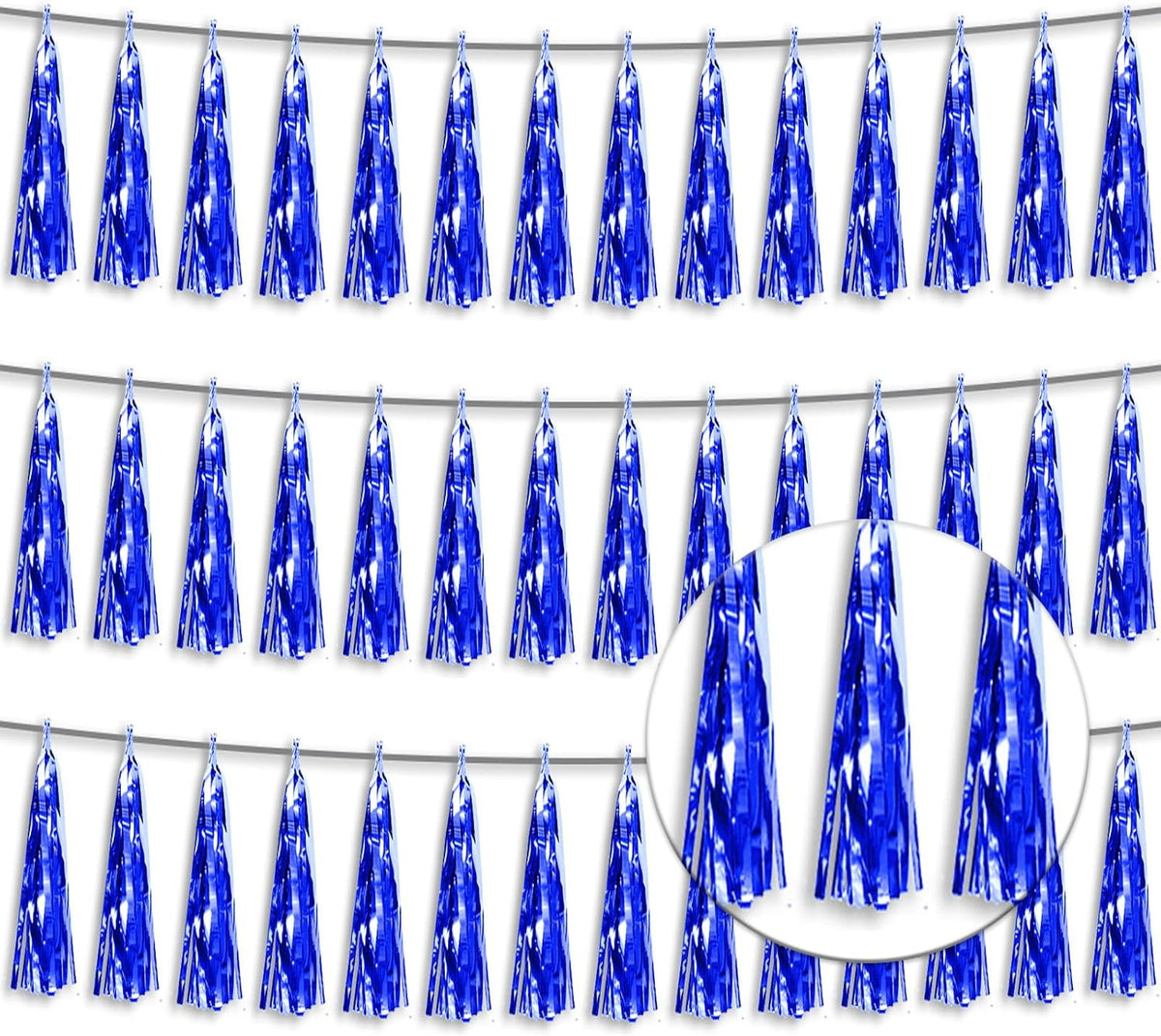 3P Metallic Fringe Tassel Banner Garland Foil Tinsel Streamer Wall Hanging Curtain Backdrop Banner for Parade Floats, Graduation Decorations, Retirement Party Decoration(Blue