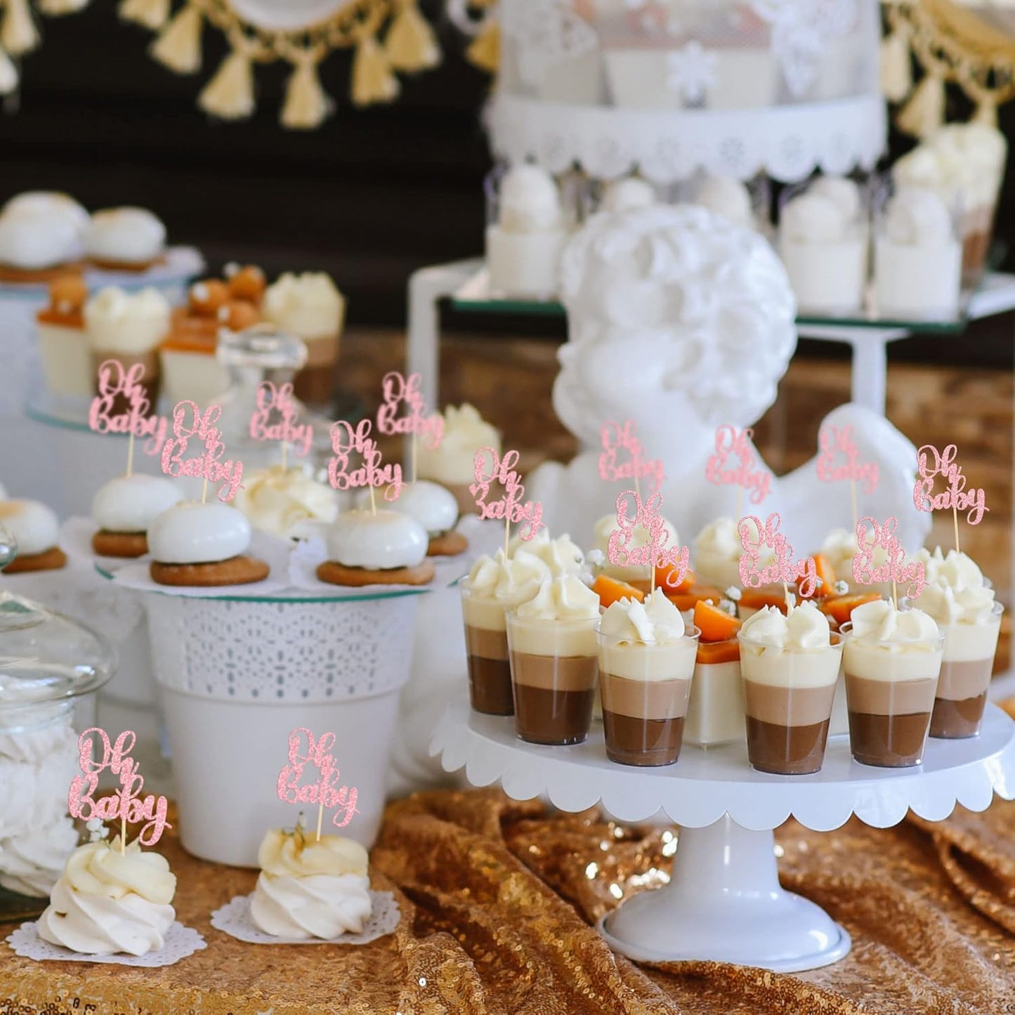 Gyufise 36 Pack Oh Baby Cupcake Toppers Glitter Baby Shower Cupcake Picks Decorations for Celebrating Baby Shower Kids Birthday Party Supplies Rose Gold