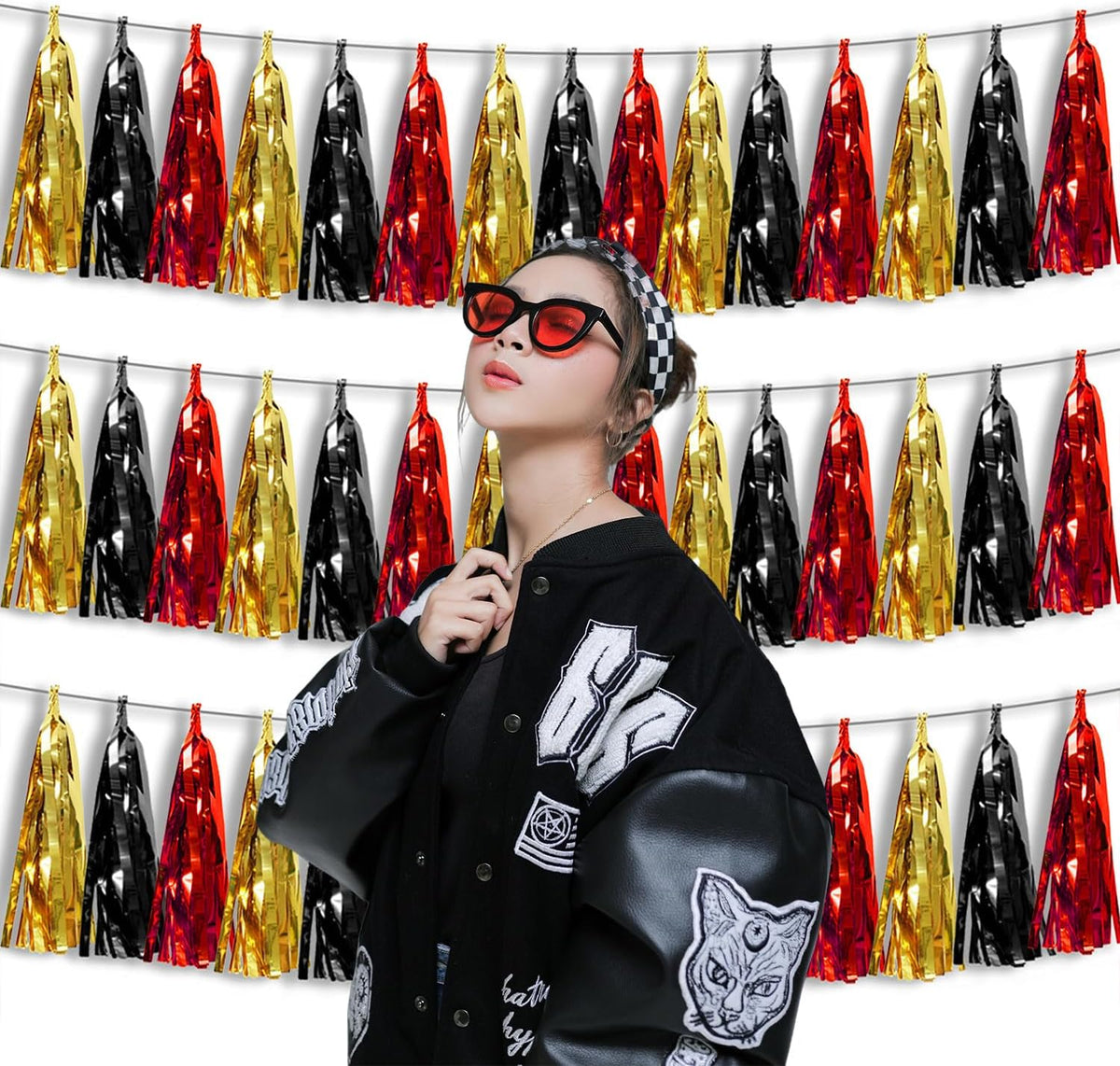 3P Metallic Fringe Banner Garland Foil Tinsel Streamer Wall Hanging Curtain Backdrop Banners for Parade Floats Graduation Decorations, Baby Bridal Shower Party Decoration(Red-Black Gold)
